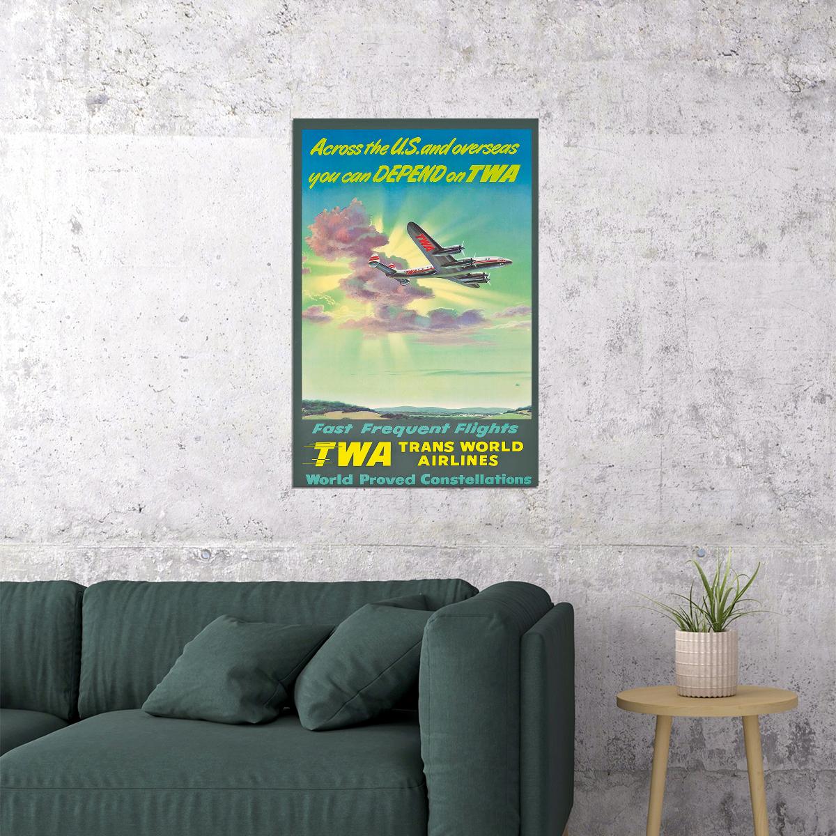 1940s Depend On Twa Vintage Style Airline Travel Poster Wall Art Print Home Wall Decor