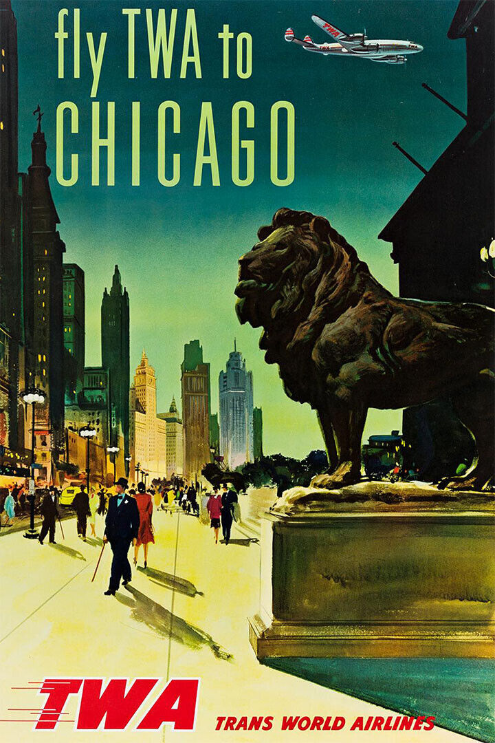 1960s Fly Twa To Chicago Vintage Style Airline Travel Poster Wall Art Print Home Wall Decor