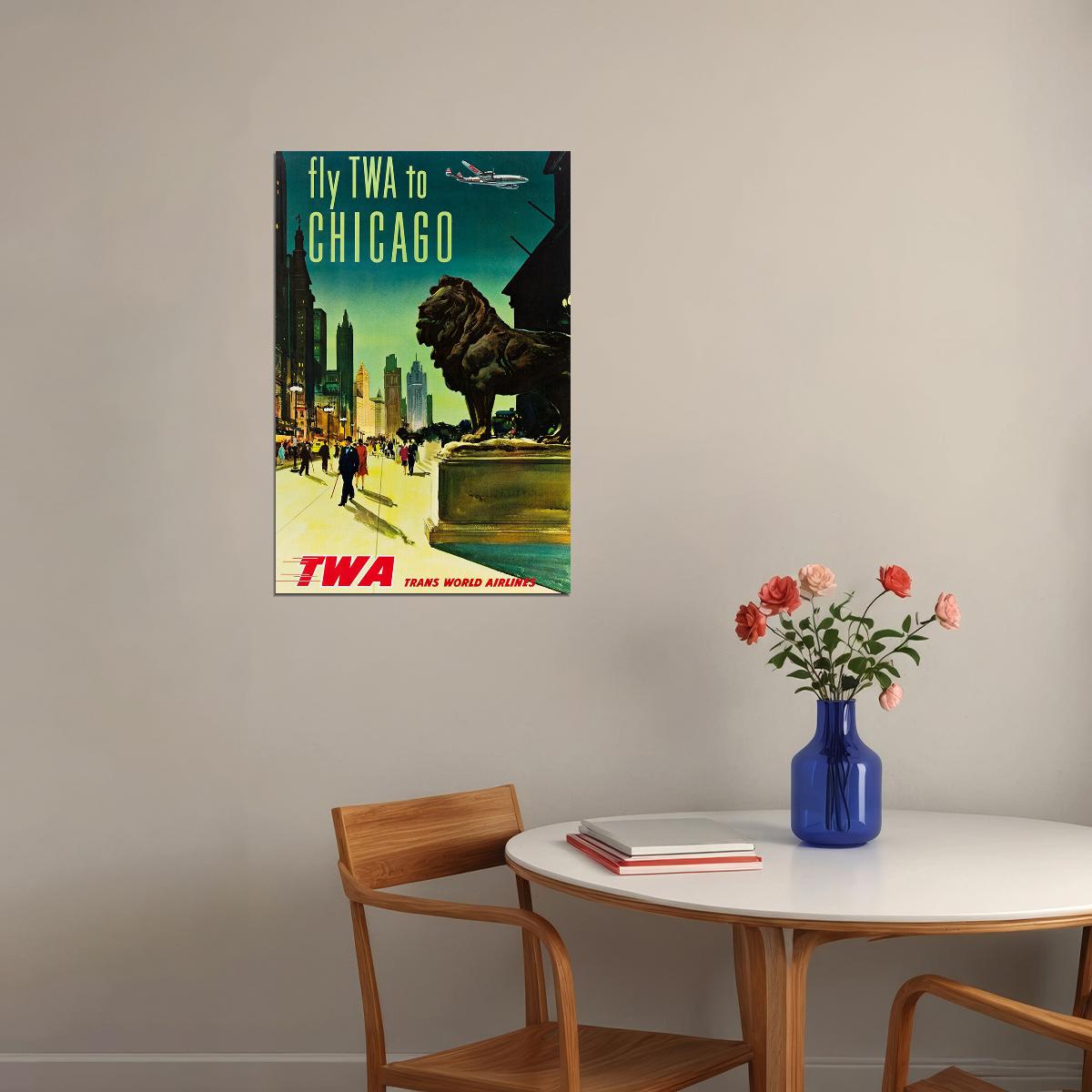 1960s Fly Twa To Chicago Vintage Style Airline Travel Poster Wall Art Print Home Wall Decor
