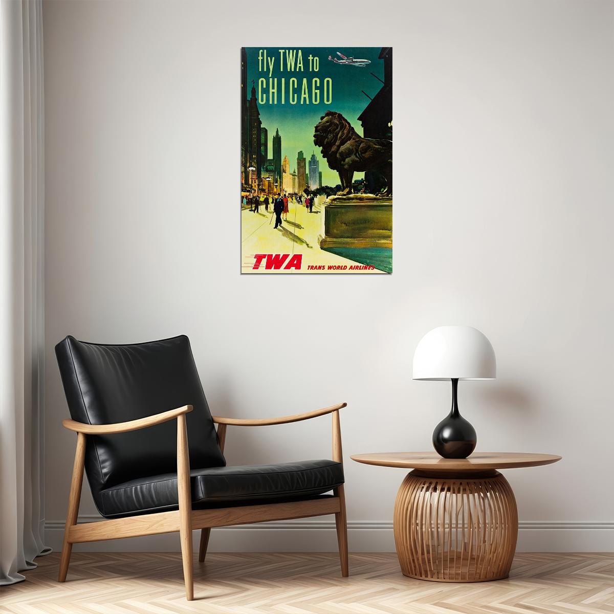1960s Fly Twa To Chicago Vintage Style Airline Travel Poster Wall Art Print Home Wall Decor