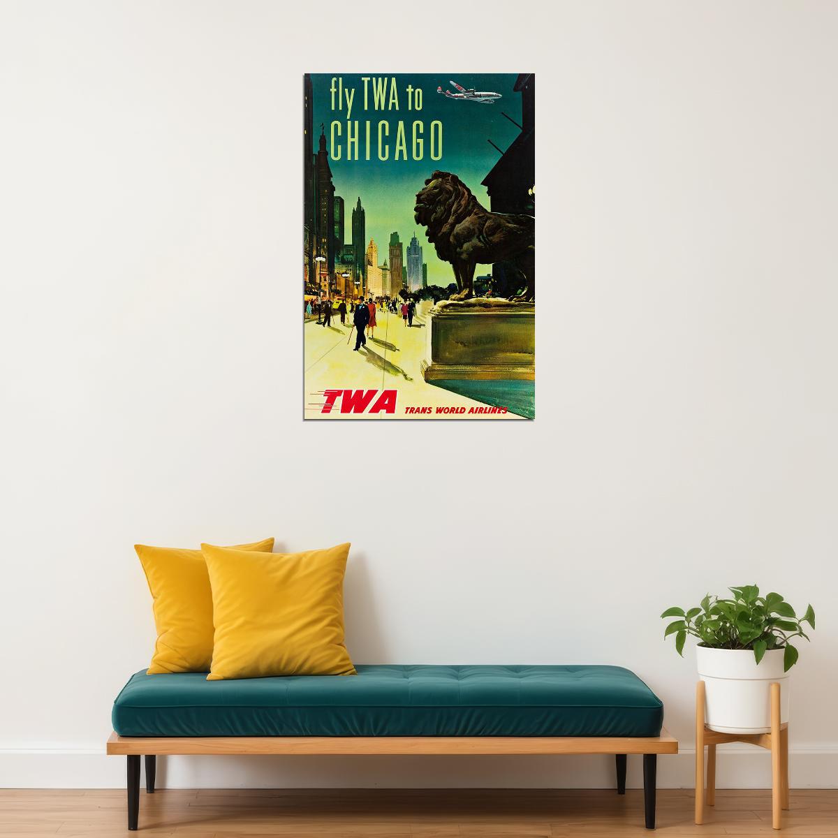 1960s Fly Twa To Chicago Vintage Style Airline Travel Poster Wall Art Print Home Wall Decor