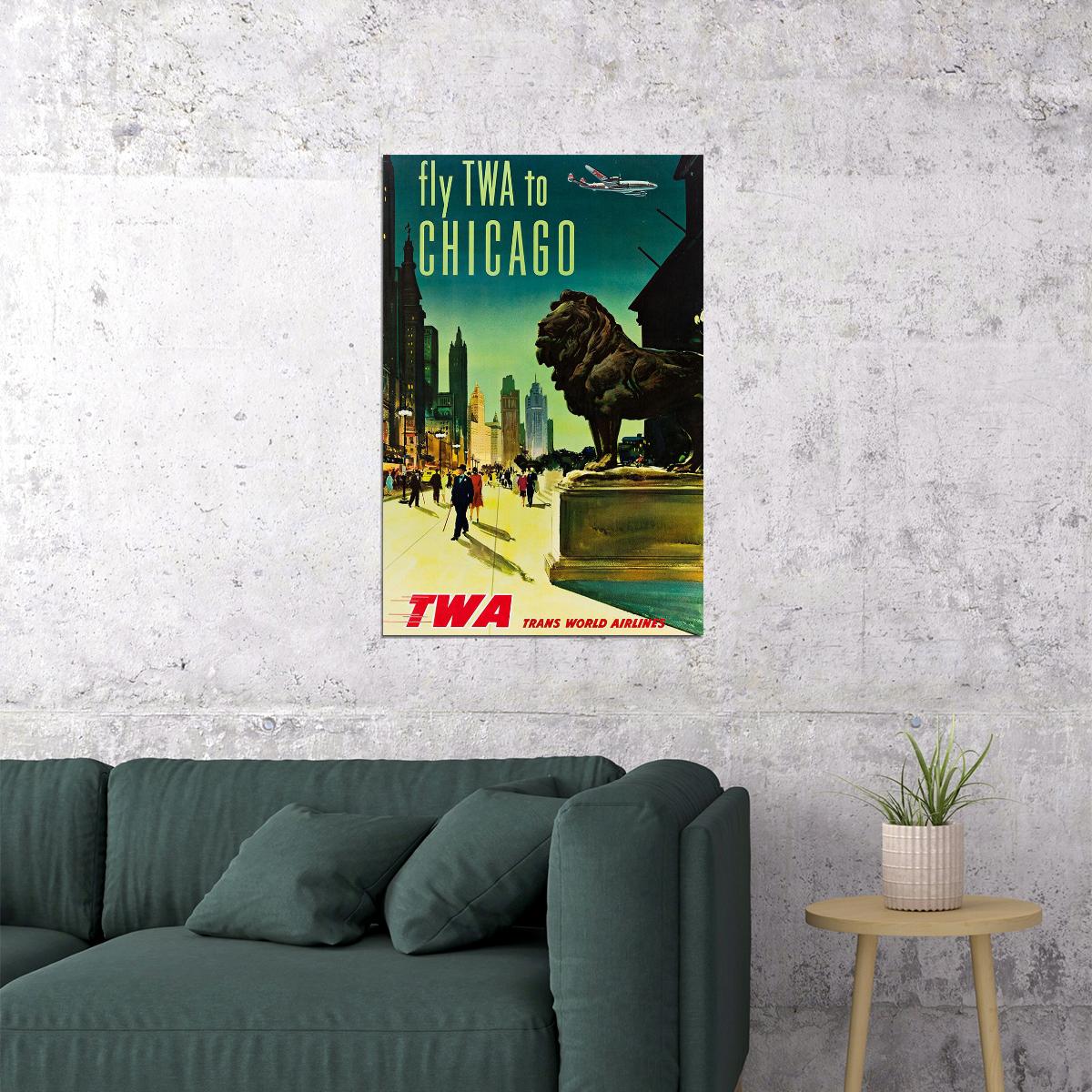 1960s Fly Twa To Chicago Vintage Style Airline Travel Poster Wall Art Print Home Wall Decor