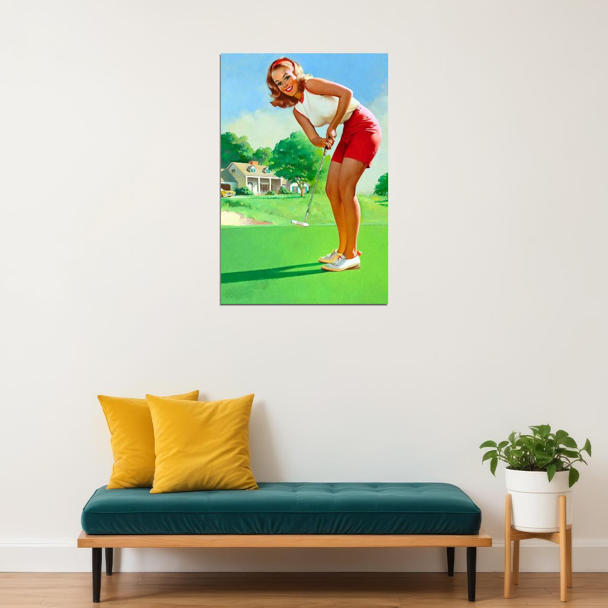 Golfing Girl Vintage Style Strawberry Blonde Pin-up Poster Wall Art Print Home Wall Decor