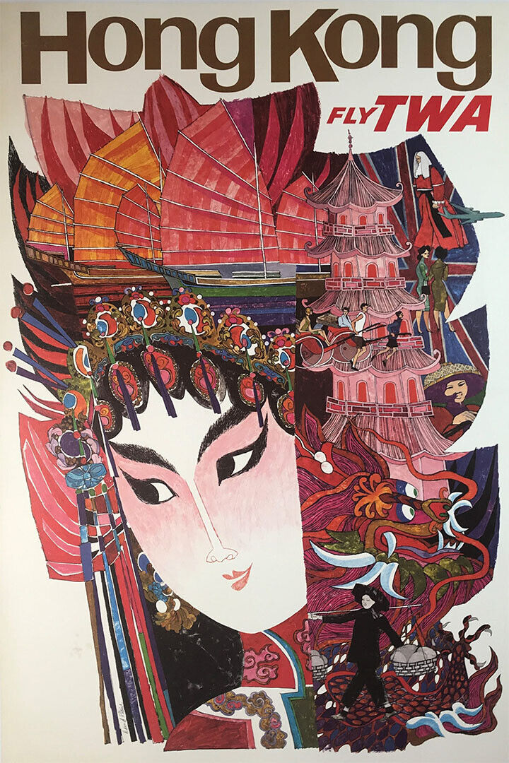1960s Hong Kong Fly Twa Vintage Style Travel Poster Wall Art Print Home Wall Decor