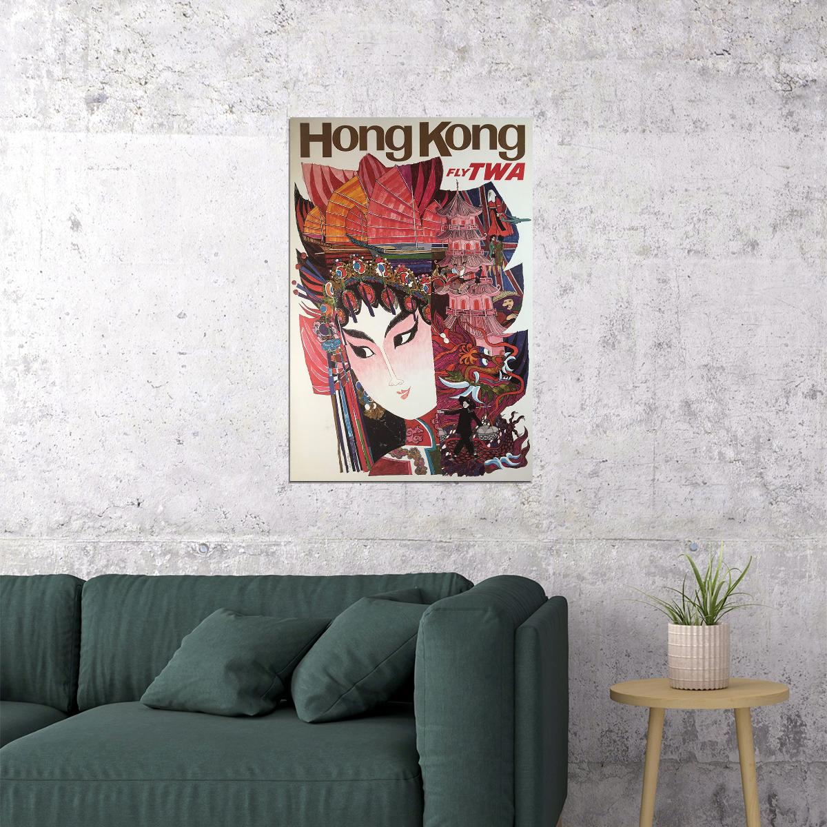 1960s Hong Kong Fly Twa Vintage Style Travel Poster Wall Art Print Home Wall Decor