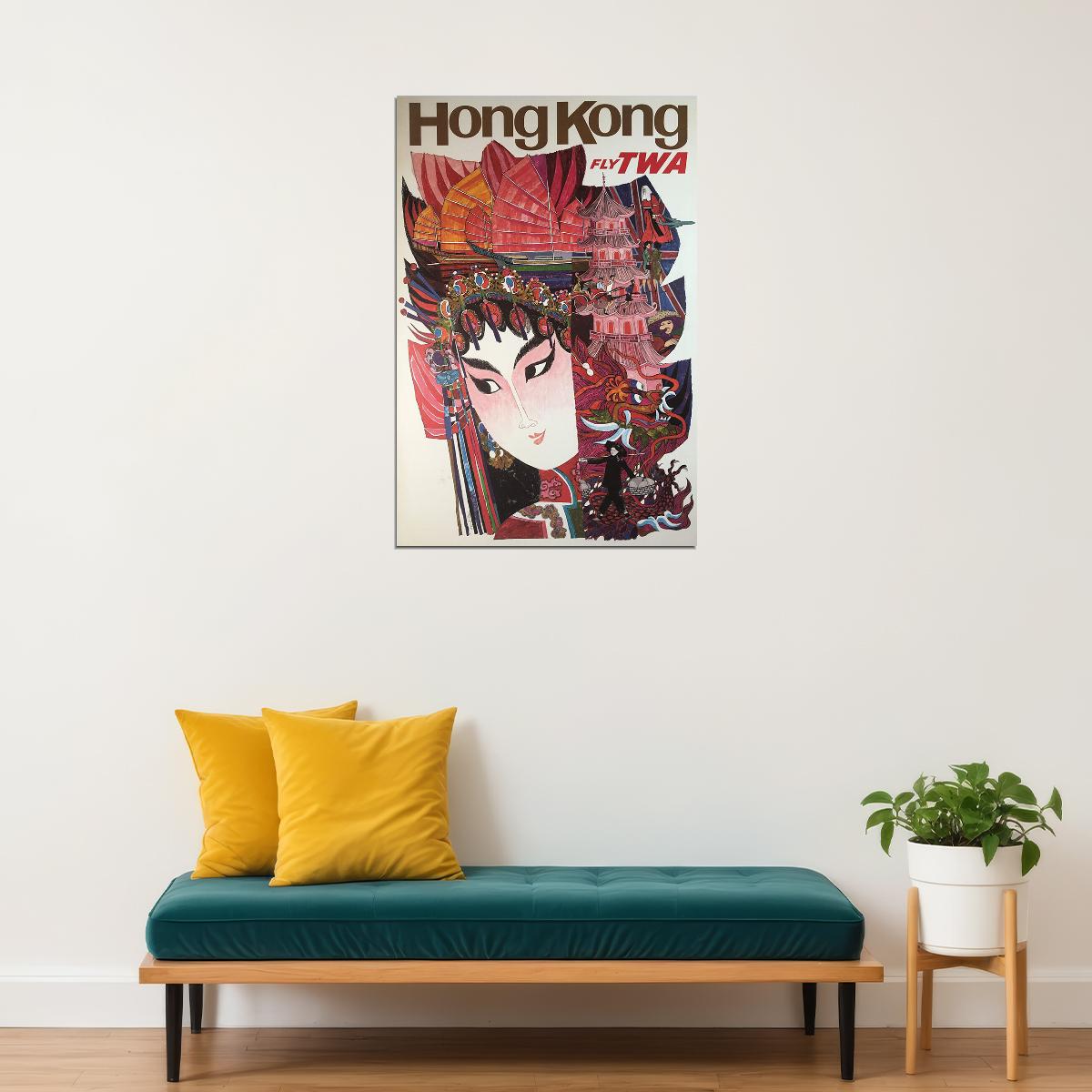 1960s Hong Kong Fly Twa Vintage Style Travel Poster Wall Art Print Home Wall Decor