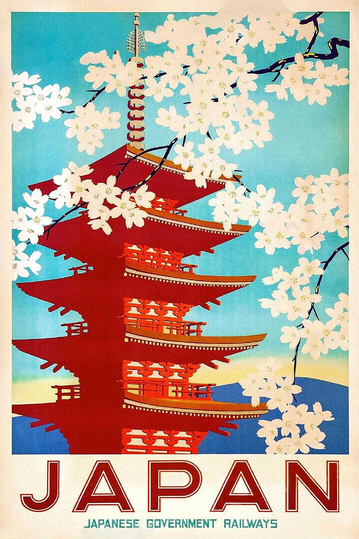 1950s Japan Cherry Blossoms Vintage Japanese Railway Poster Wall Art Print Home Wall Decor