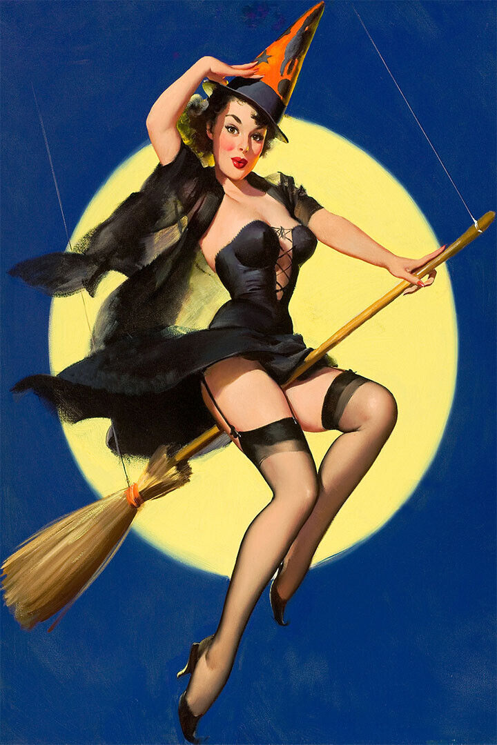 Poster 1950s Pinup Girl Riding High Witch On A Broom Poster Wall