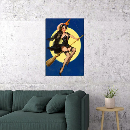 1950s Pinup Girl Riding High Witch On A Broom Poster Wall Art Print Home Wall Decor - xonomax