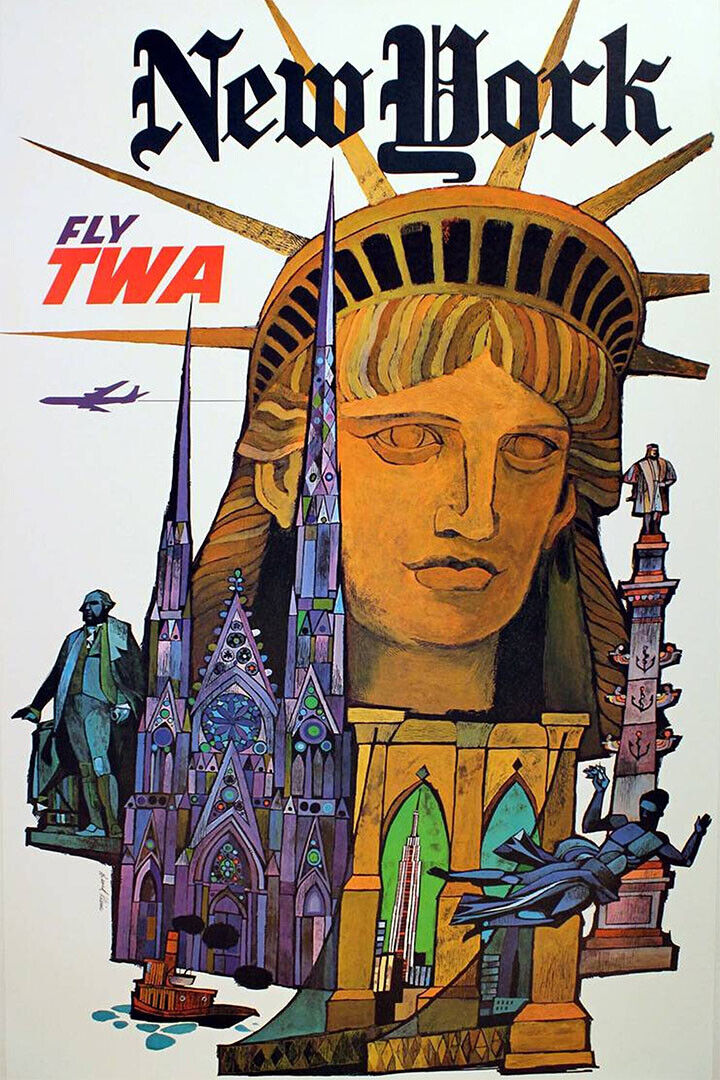 1960s New York Fly Twa Vintage Style Air Travel Poster Wall Art Print Home Wall Decor