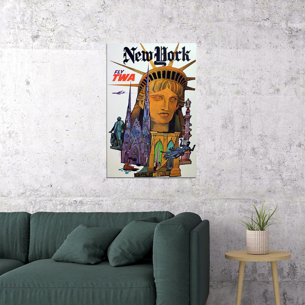 1960s New York Fly Twa Vintage Style Air Travel Poster Wall Art Print Home Wall Decor