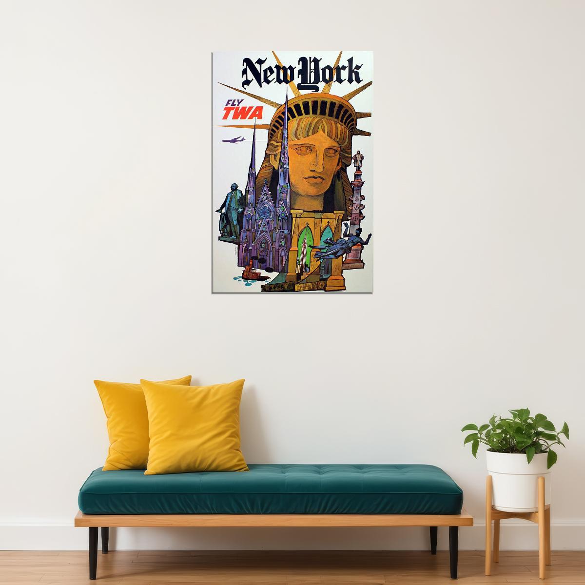 1960s New York Fly Twa Vintage Style Air Travel Poster Wall Art Print Home Wall Decor
