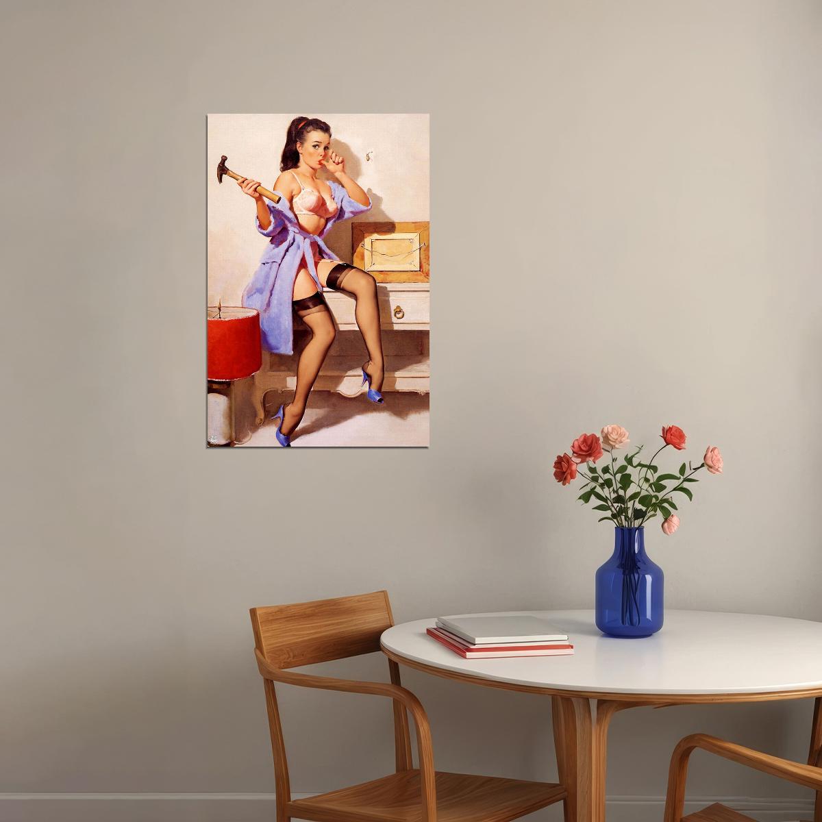1960s Pinup Repair The Wrong Nail Poster Wall Art Print Home Wall Decor - xonomax