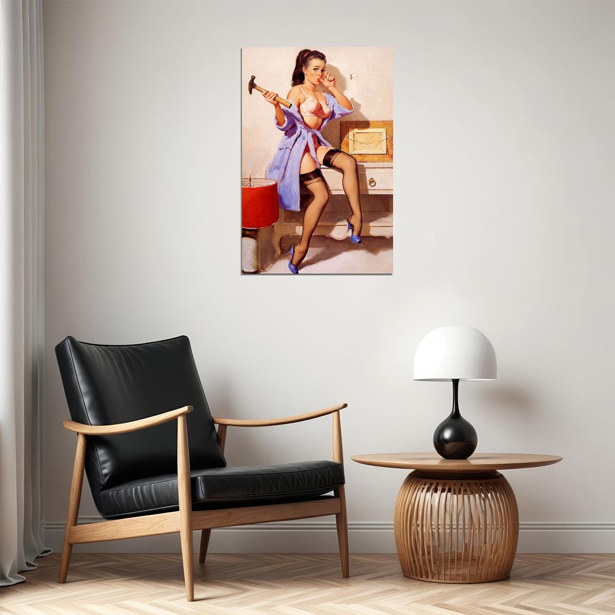 1960s Pinup Repair The Wrong Nail Poster Wall Art Print Home Wall Decor - xonomax