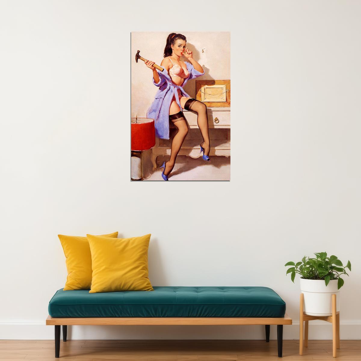 1960s Pinup Repair The Wrong Nail Poster Wall Art Print Home Wall Decor - xonomax