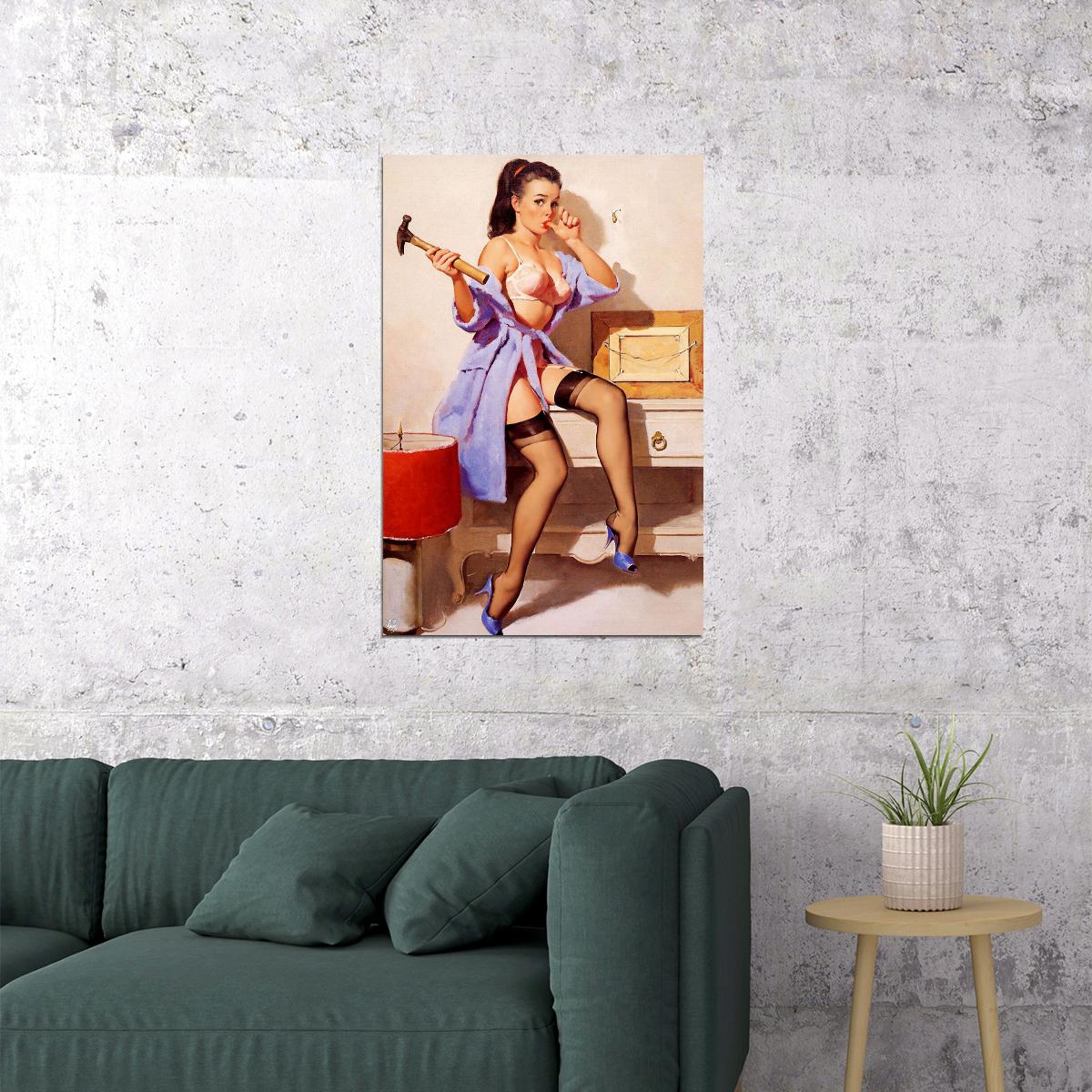 1960s Pinup Repair The Wrong Nail Poster Wall Art Print Home Wall Decor - xonomax