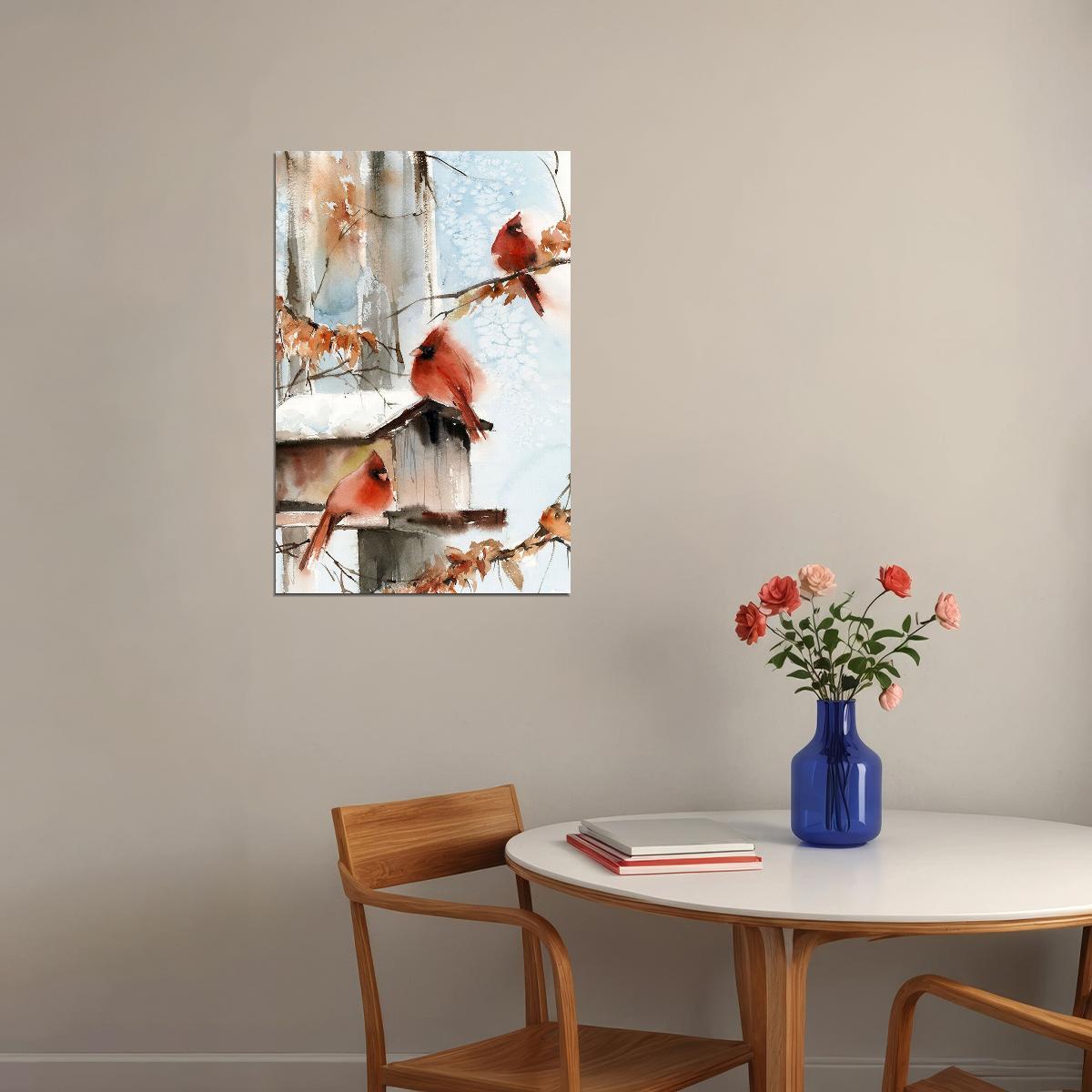 Cardinal Winter Bird Artist Rendition Watercolor Poster Wall Art Print Home Wall Decor - xonomax