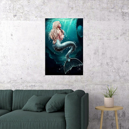 Mermaid In The Sea Eyes Closed Design Girl Poster Wall Art Print Home Wall Decor - xonomax