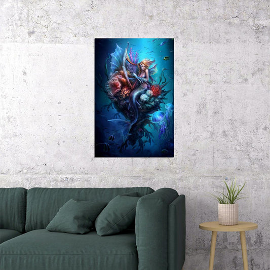 Mermaid In The Sea Music Design Girl Poster Wall Art Print Home Wall Decor - xonomax