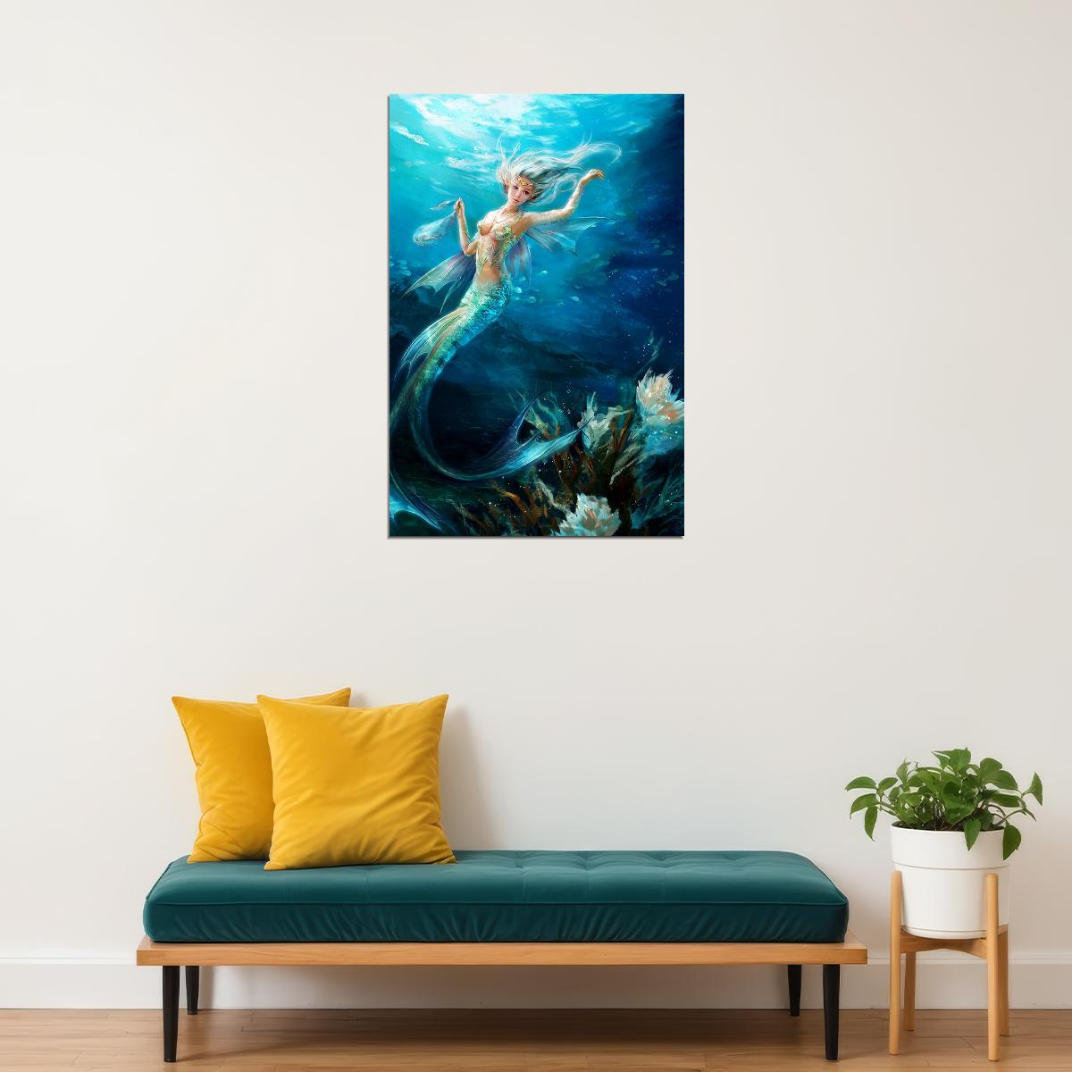 Mermaid In The Sea Design Girl Poster Wall Art Print Home Wall Decor - xonomax