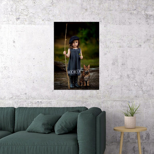 Child Girl Walking Her Cat Photo 1940's Poster Wall Art Print Home Wall Decor - xonomax