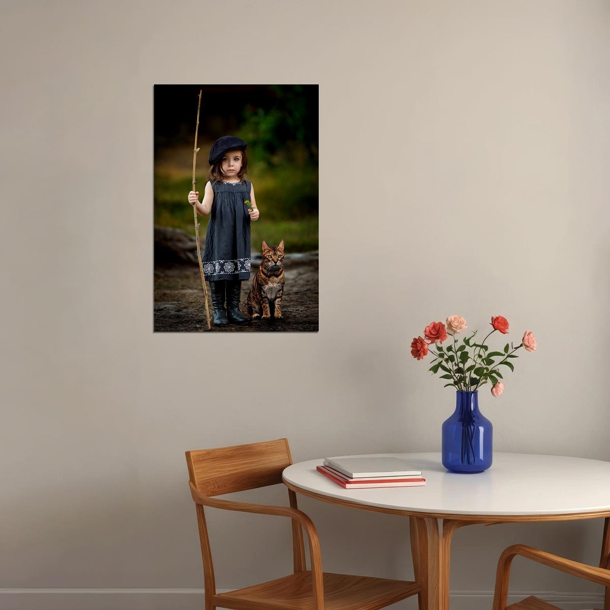 Child Girl Walking Her Cat Photo 1940's Poster Wall Art Print Home Wall Decor - xonomax