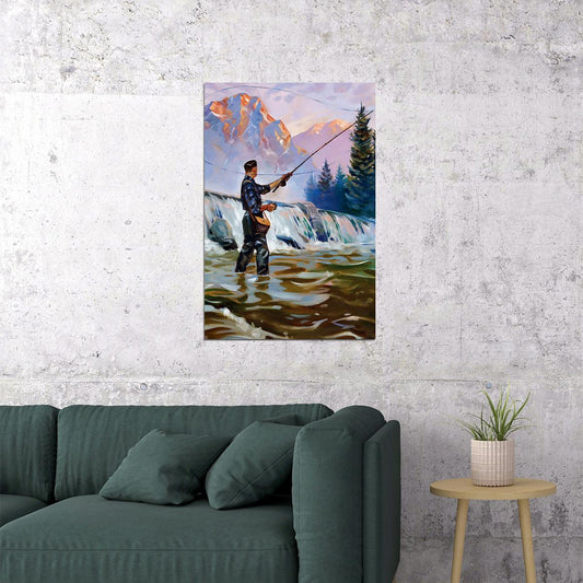Fishing In Water With Fishing Rod Oil Poster Wall Art Print Home Wall Decor - xonomax