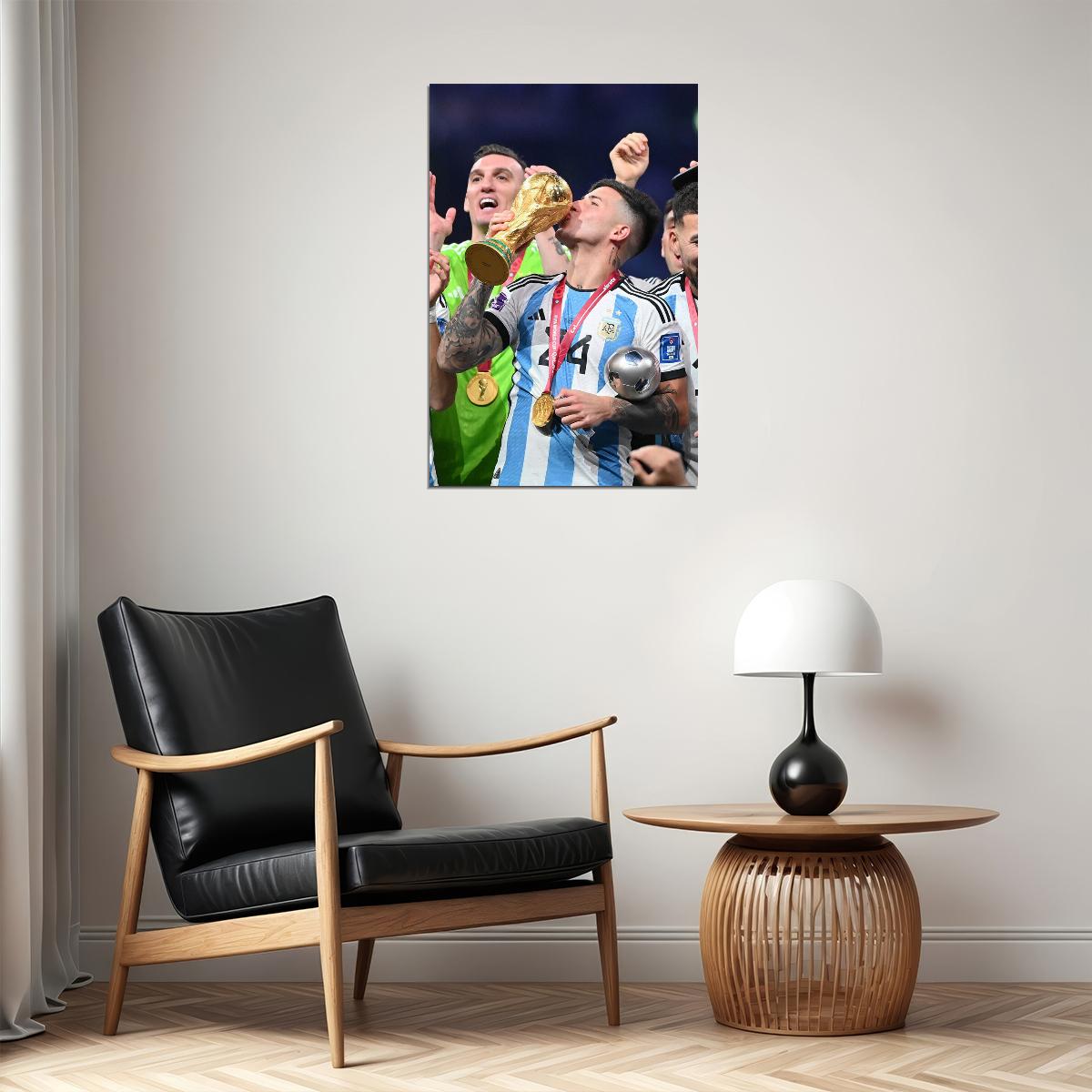 Enzo Fernandez Kissing Soccer Trophy 2022 Football Argentina Poster Wall Art Print Home Wall Decor - xonomax