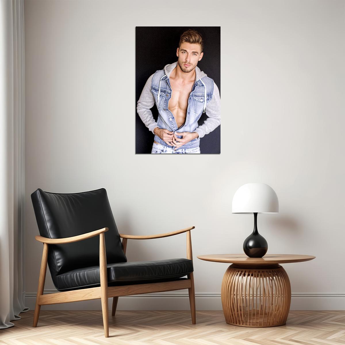 Denim Hooded Cardigan Sexy Male Model Fashion Poster Wall Art Print Home Wall Decor - xonomax
