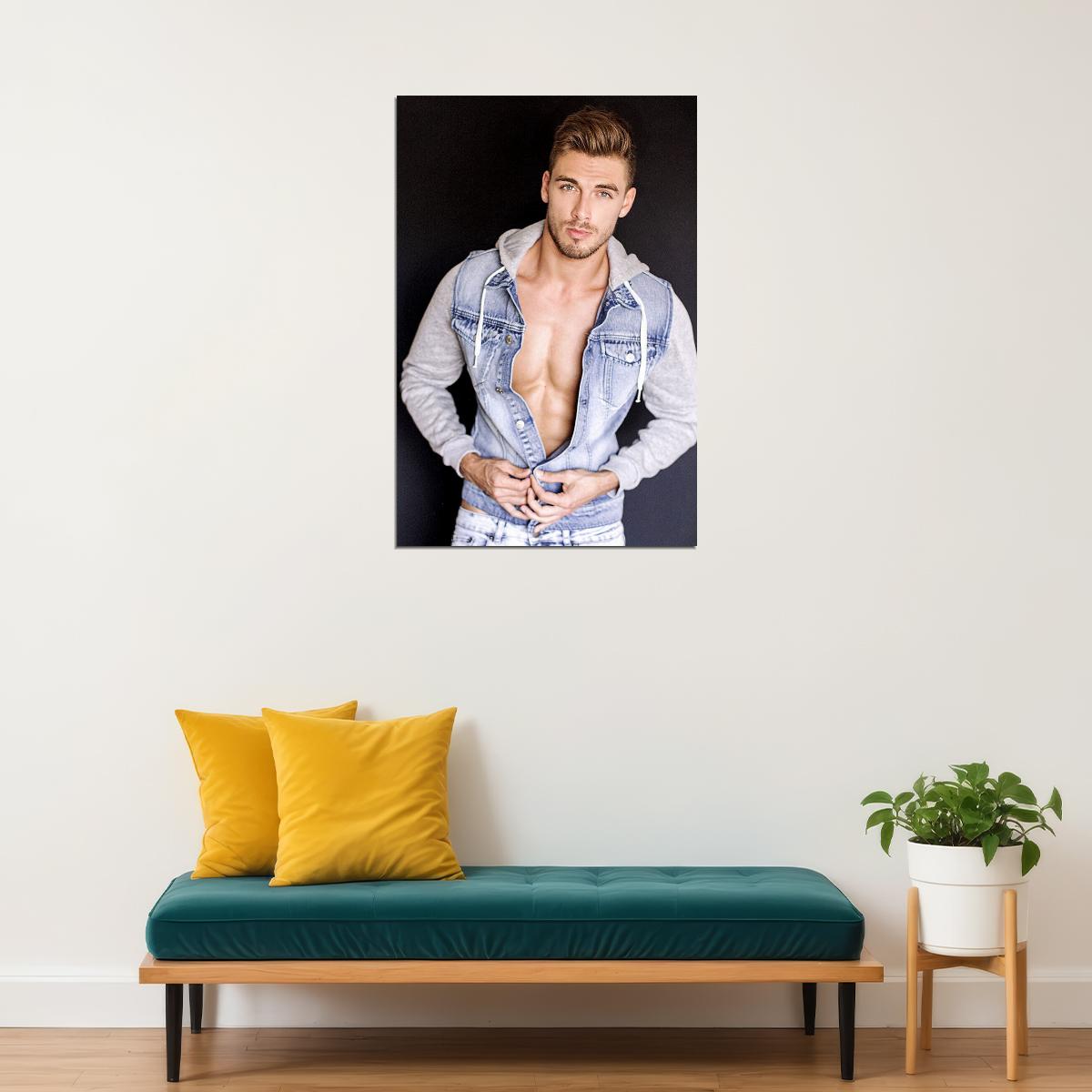 Denim Hooded Cardigan Sexy Male Model Fashion Poster Wall Art Print Home Wall Decor - xonomax