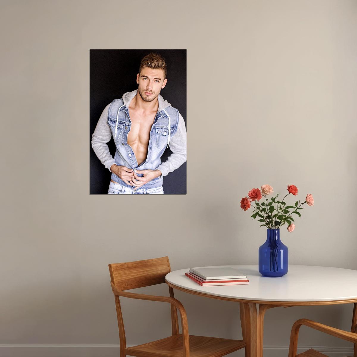 Denim Hooded Cardigan Sexy Male Model Fashion Poster Wall Art Print Home Wall Decor - xonomax