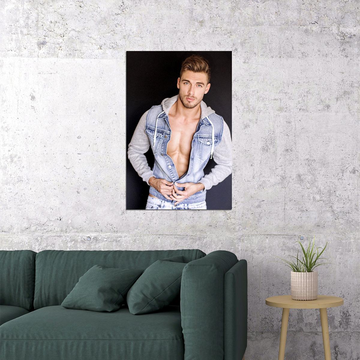 Denim Hooded Cardigan Sexy Male Model Fashion Poster Wall Art Print Home Wall Decor - xonomax