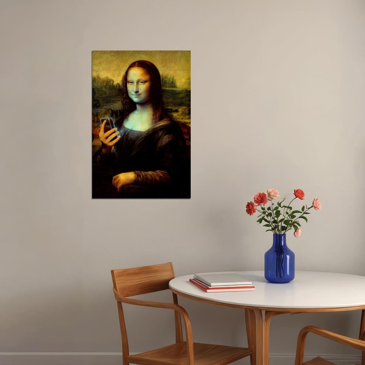 Naughty Mona Lisa Marijuana Themed Holding Phone Poster Wall Art Print Home Wall Decor