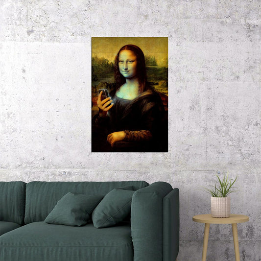 Naughty Mona Lisa Marijuana Themed Holding Phone Poster Wall Art Print Home Wall Decor