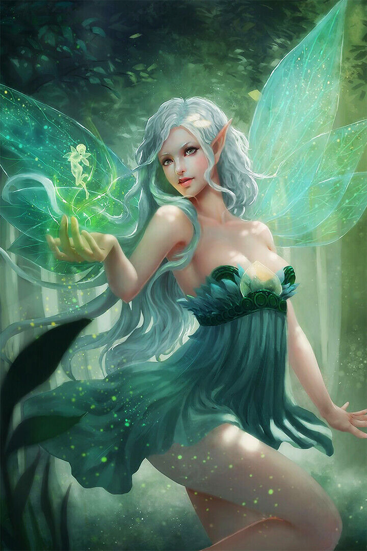 Fairies Girl Artwork Green Winged Hominoid Poster Wall Art Print Home Wall Decor