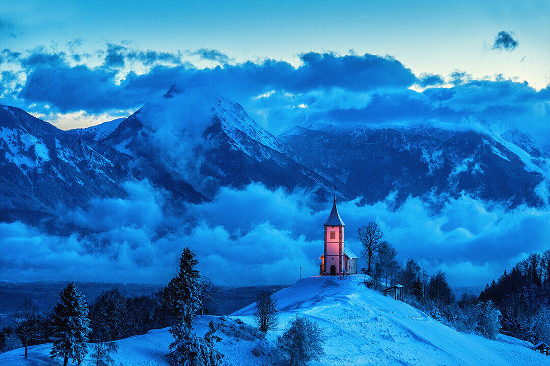 Winter Landscape Church On Snowy Hill Poster Wall Art Print Home Wall Decor