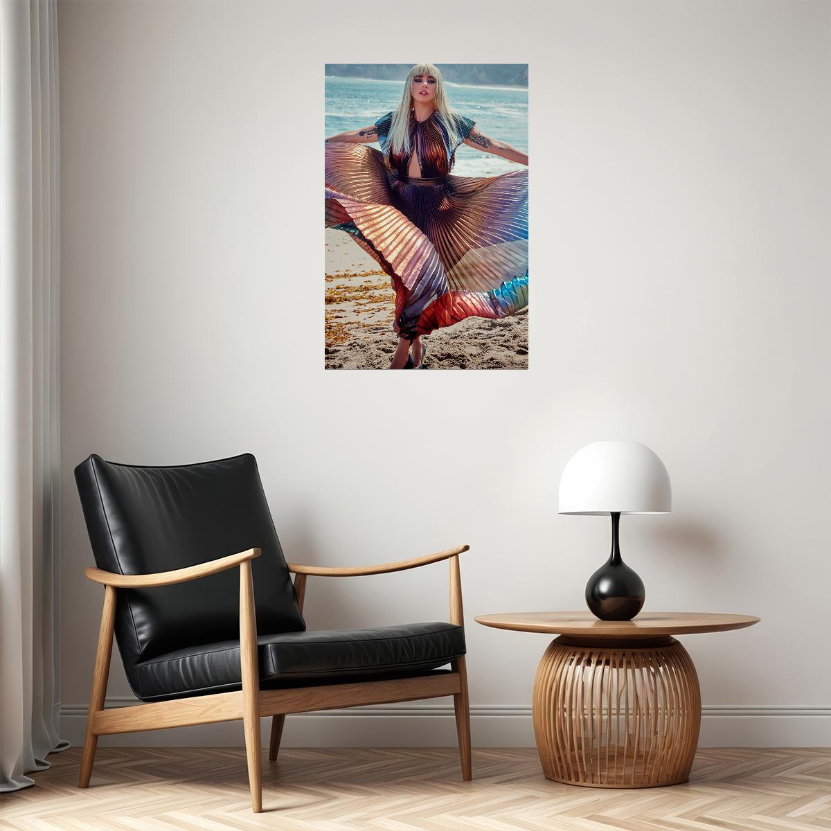 Lady Gaga On Beach Color Rainbow Dress Music Singer Poster Wall Art Print Home Wall Decor
