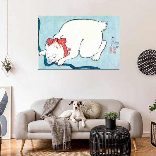 White Cat With A Red Bow Japanese Traditional Poster - xonomax
