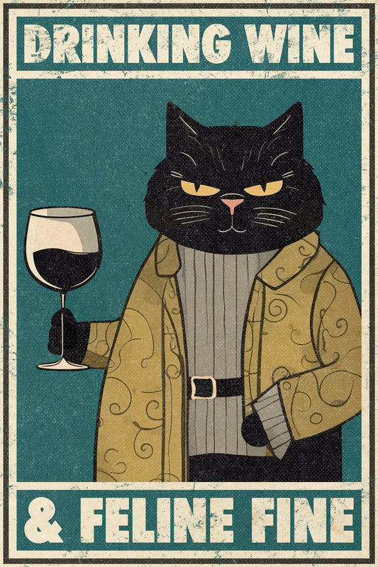 Drinking Wine Feline Fine Intelligent Cat with Wine Vintage Art Poster - xonomax