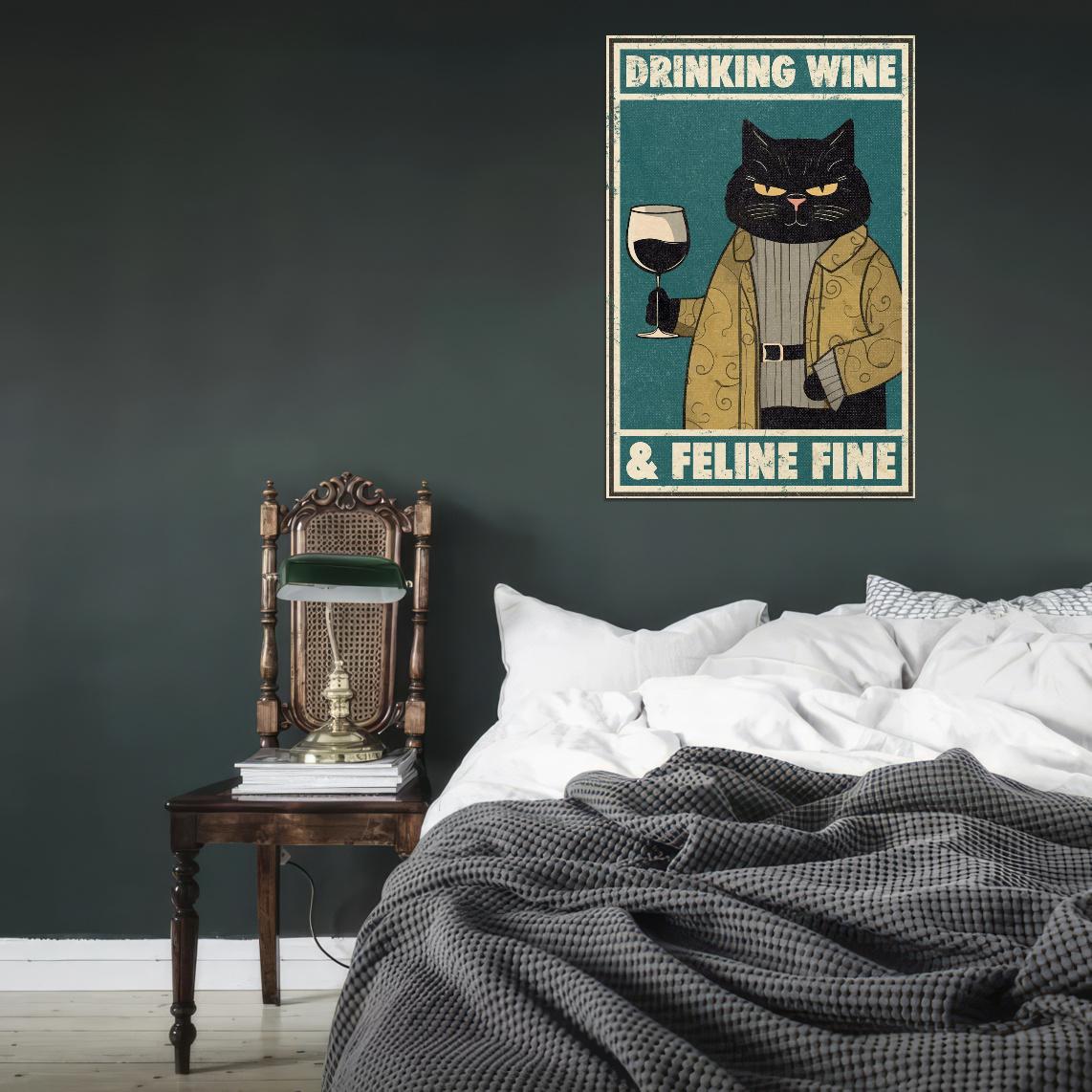 Drinking Wine Feline Fine Intelligent Cat with Wine Vintage Art Poster - xonomax