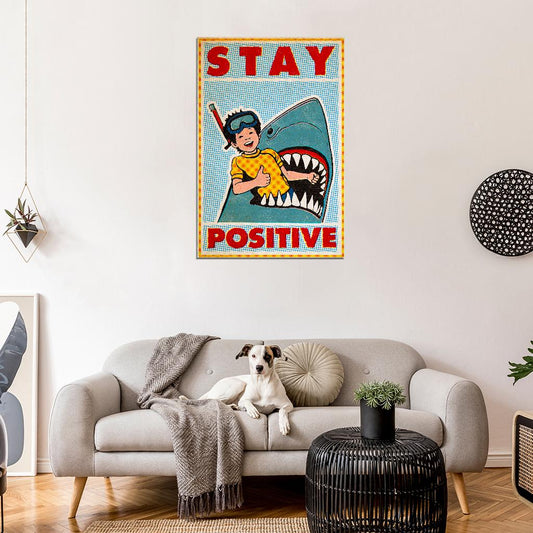 Stay Positive Boy and Shark Funny Vintage Art Poster - xonomax