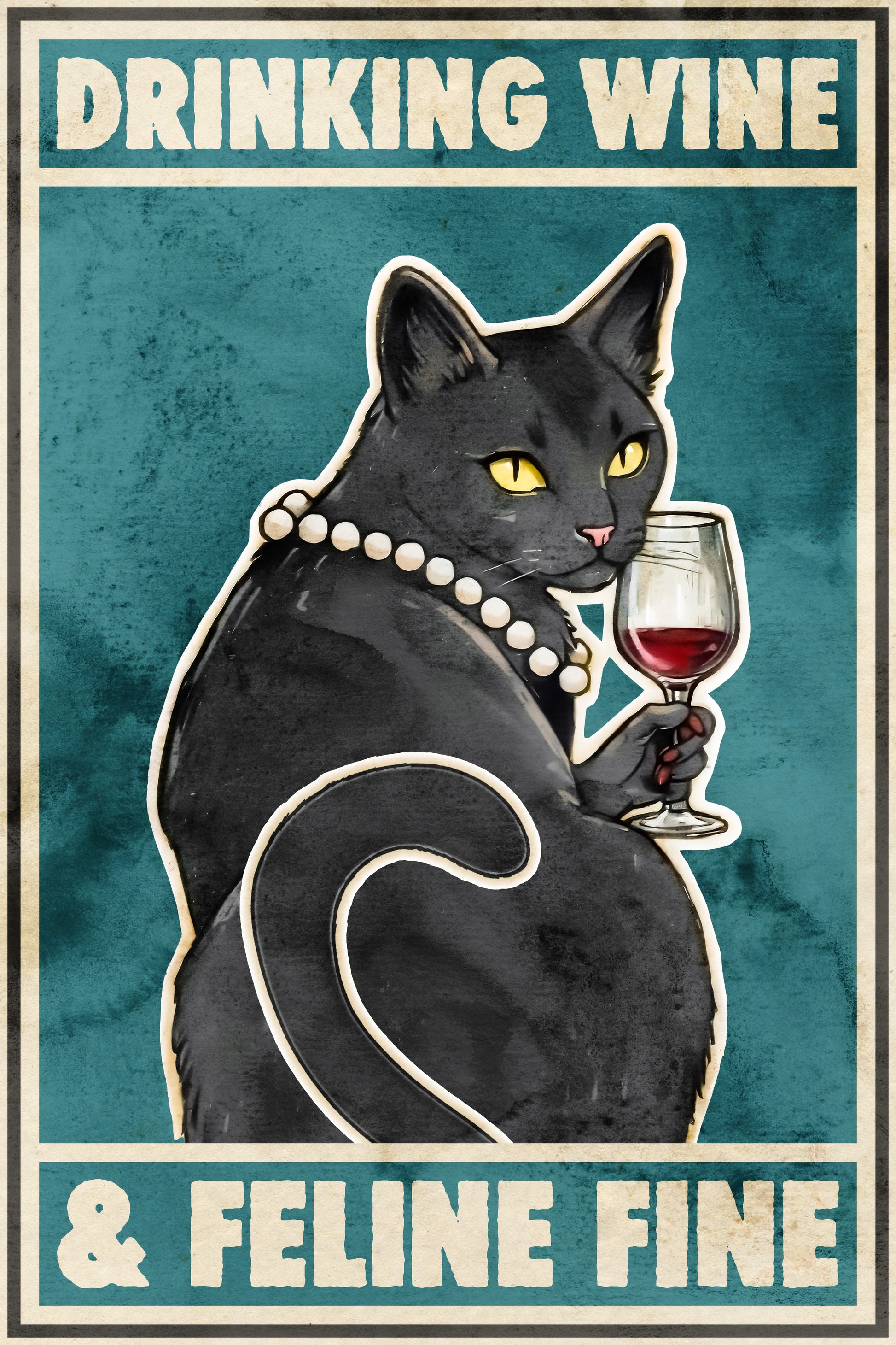 Drinking Wine Feline Fine Funny Black Cat Vintage Art Poster - xonomax