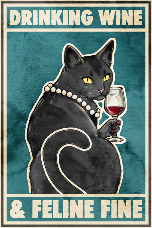 Drinking Wine Feline Fine Funny Black Cat Vintage Art Poster - xonomax