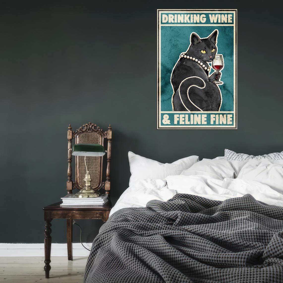 Drinking Wine Feline Fine Funny Black Cat Vintage Art Poster