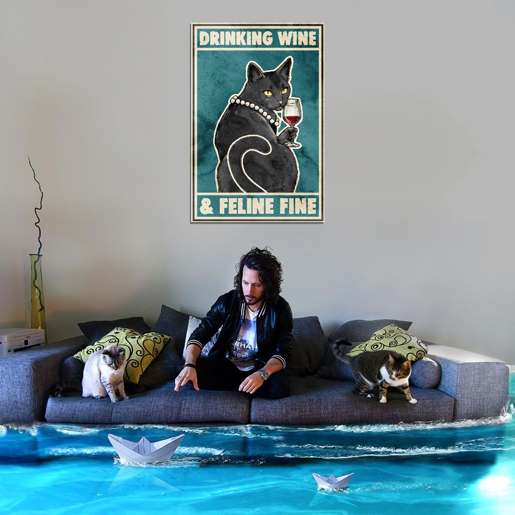 Drinking Wine Feline Fine Funny Black Cat Vintage Art Poster - xonomax