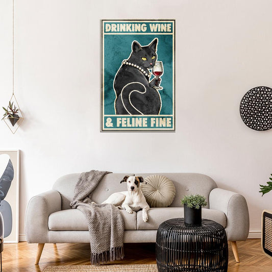 Drinking Wine Feline Fine Funny Black Cat Vintage Art Poster - xonomax