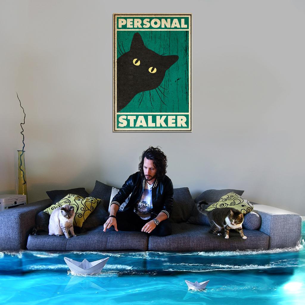 Personal Stalker Funny Black Cat Vintage Art Poster - xonomax