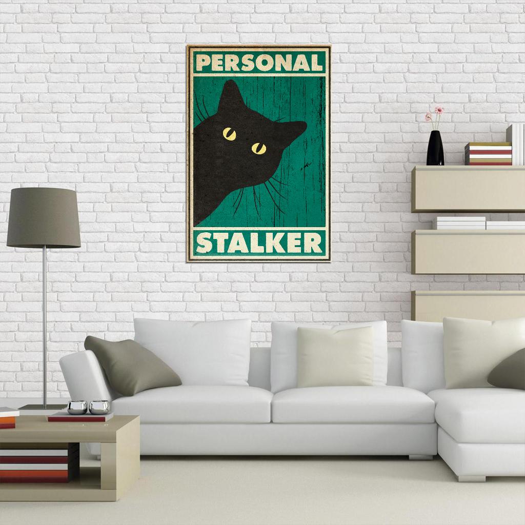Personal Stalker Funny Black Cat Vintage Art Poster - xonomax