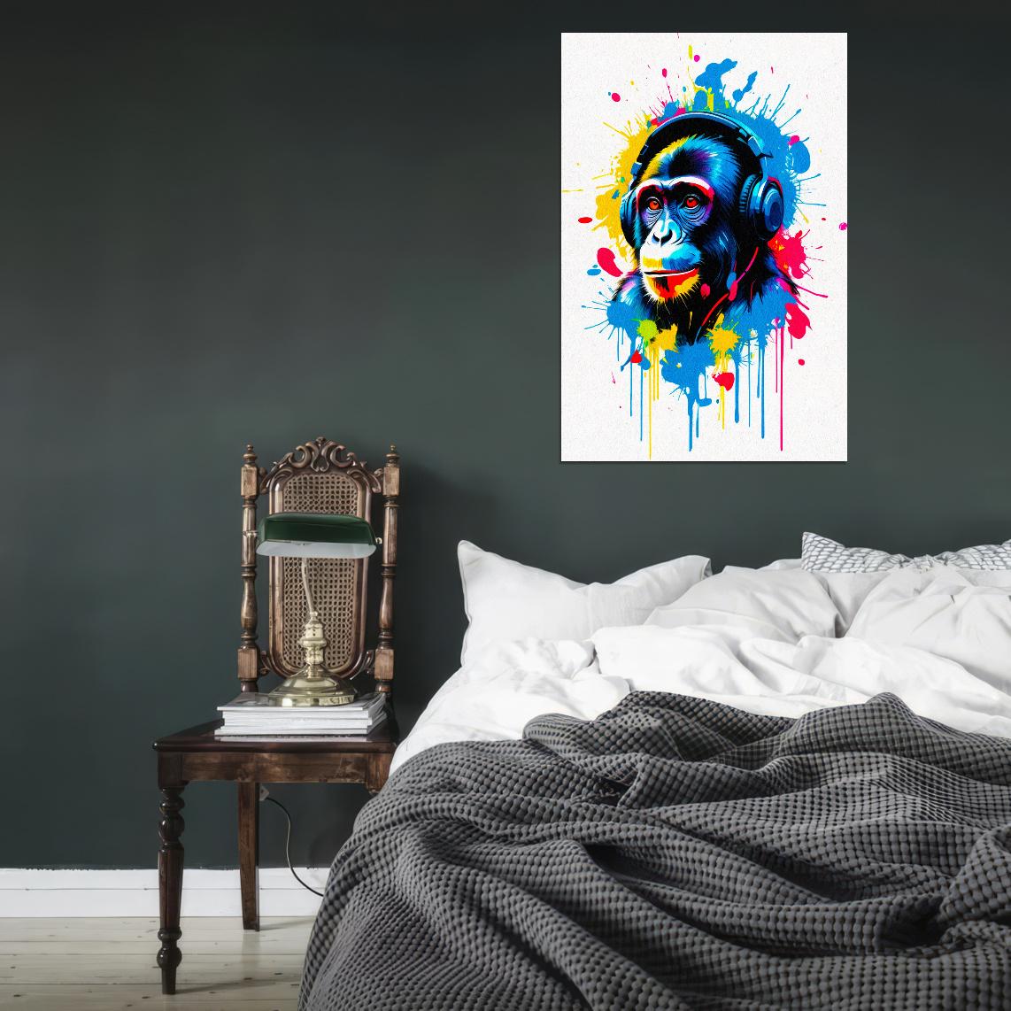 Monkey In Headphones Animal Abstract Colorful Art Poster