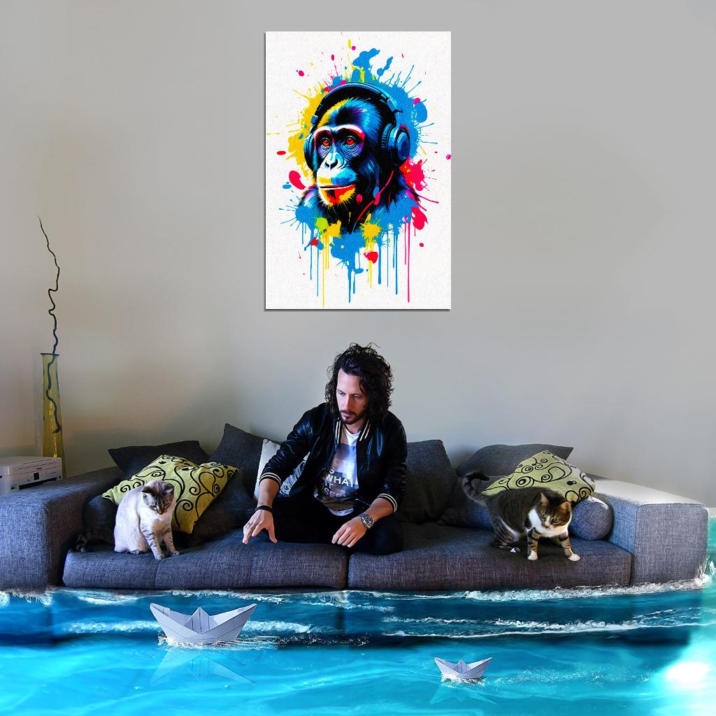 Monkey In Headphones Animal Abstract Colorful Art Poster